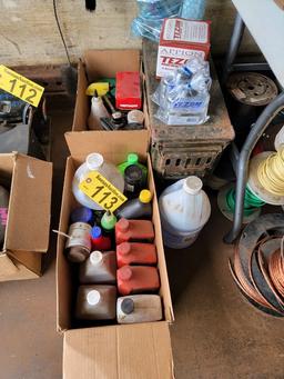 ASSORTED LUBRICANTS, FLUIDS, AMMO BOX