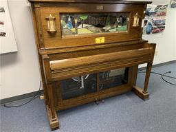 WATCH VIDEO 1924 J.P. SEEBURG PIANO COMPANY NICKELODEON PLAYER PIANO, TYPE A ROLL, STAINED ART GLASS