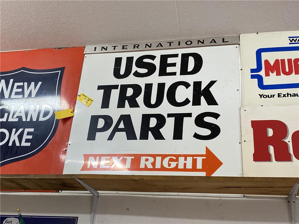 USED TRUCK PARTS METAL SIGN, 4' X 4', W/INTERNATIONAL CHROME MOULDING