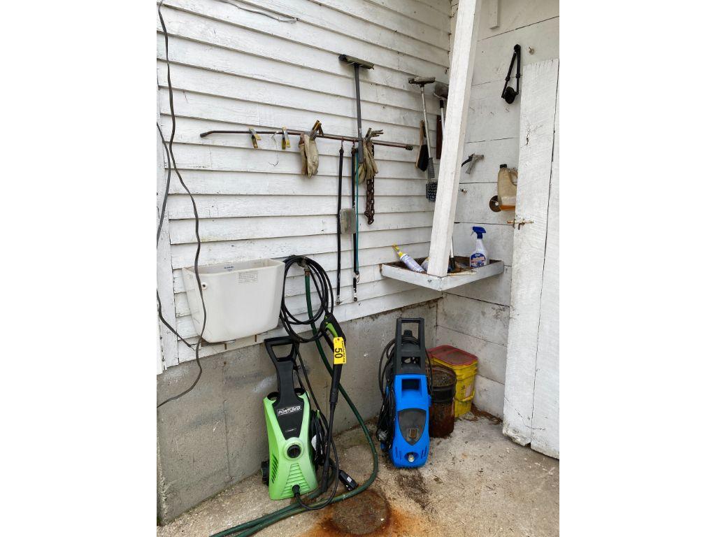 LOT: 2-ELECTRIC PRESSURE WASHERS, YELLOW MACHINE, WAND HAS LEAK, INCLUDES BRUSHES, MISC.