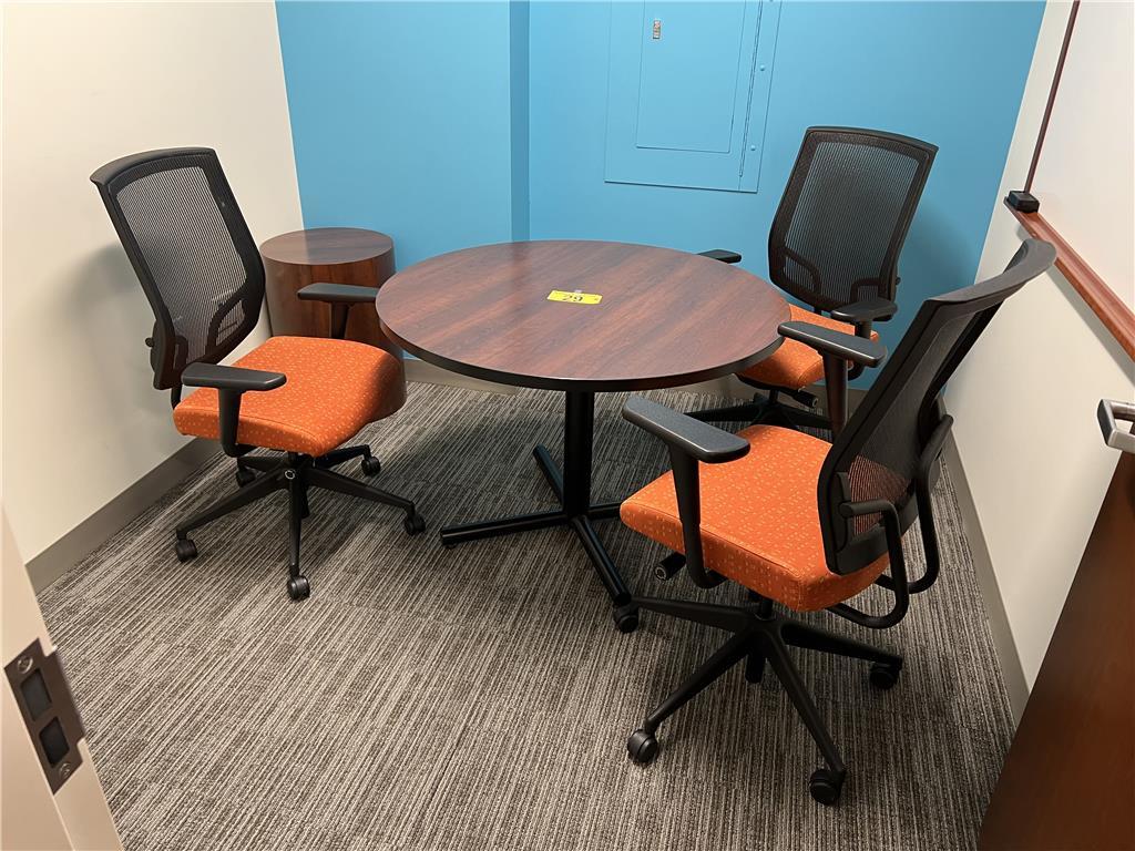 5-PC CONFERENCE SET: VERSTEEL 42" ROUND TABLE W/(3) SIT-ON-IT MESH HIGH BACK SWIVEL OFFICE CHAIRS