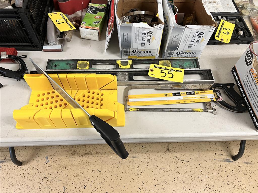 MISC. TOOL LOT: MITER SAW, HACK SAW, SAW BLADES, 2-LEVELS