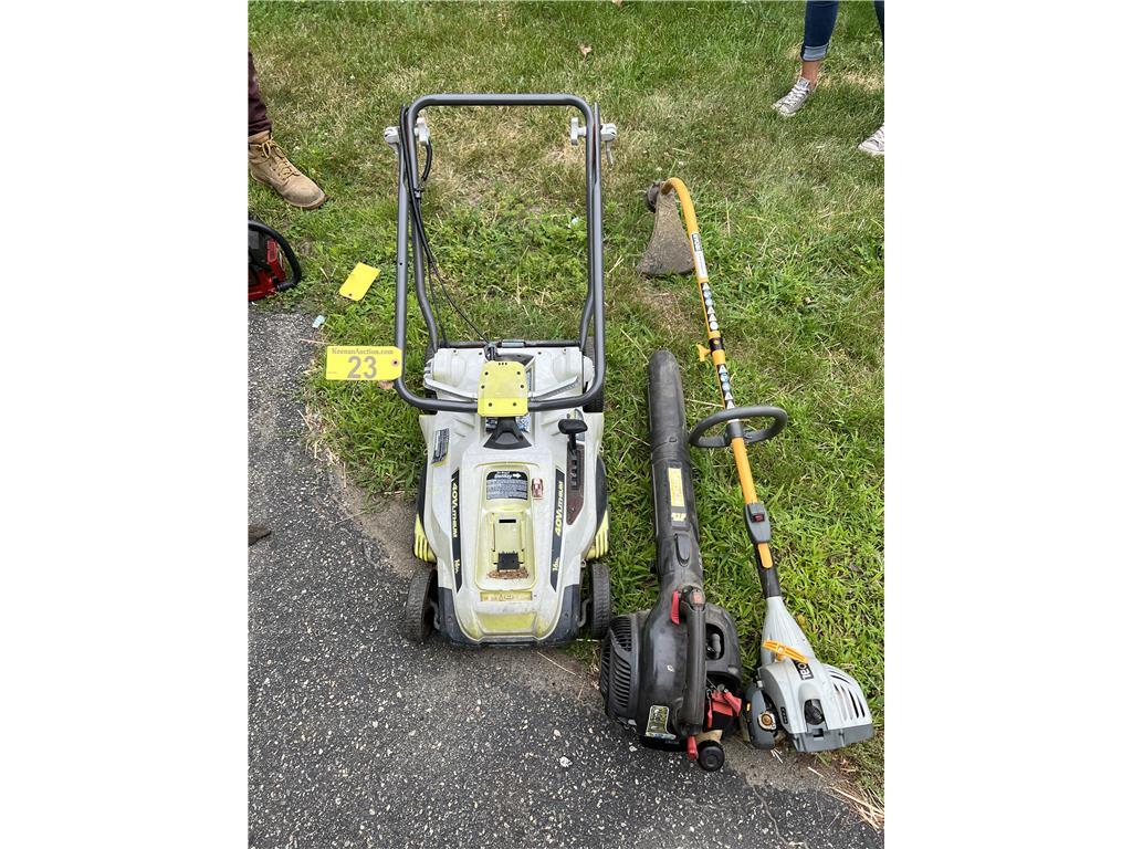 LOT:  3-LAWN MACHINES: RYOBI ELECTRIC MOWER, RYOBI STRING TRIMMER, CRAFTSMAN LEAF BLOWER