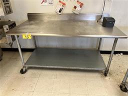 6' X 36" STAINLESS STEEL TABLE, LOWER GALV. SHELF, CASTERS, 5" BACK SPLASH