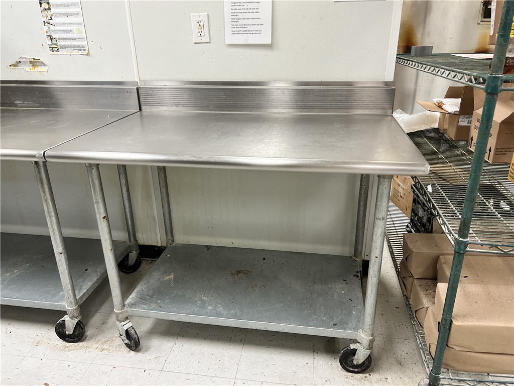 4'W X 36"D STAINLESS STEEL TABLE, LOWER GALV. SHELF, CASTERS, 5" BACK SPLASH