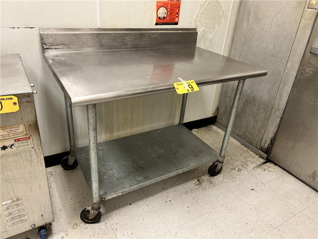 4'W X 36"D STAINLESS STEEL TABLE, LOWER GALV. SHELF, CASTERS, 5" BACK SPLASH