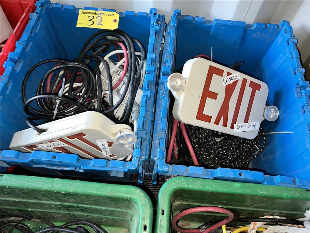 LOT: 4-PLASTIC CONTAINERS OF ELECTRICAL CORD, 4-WAYS, SURGE PROTECTORS, EXIT LIGHTS