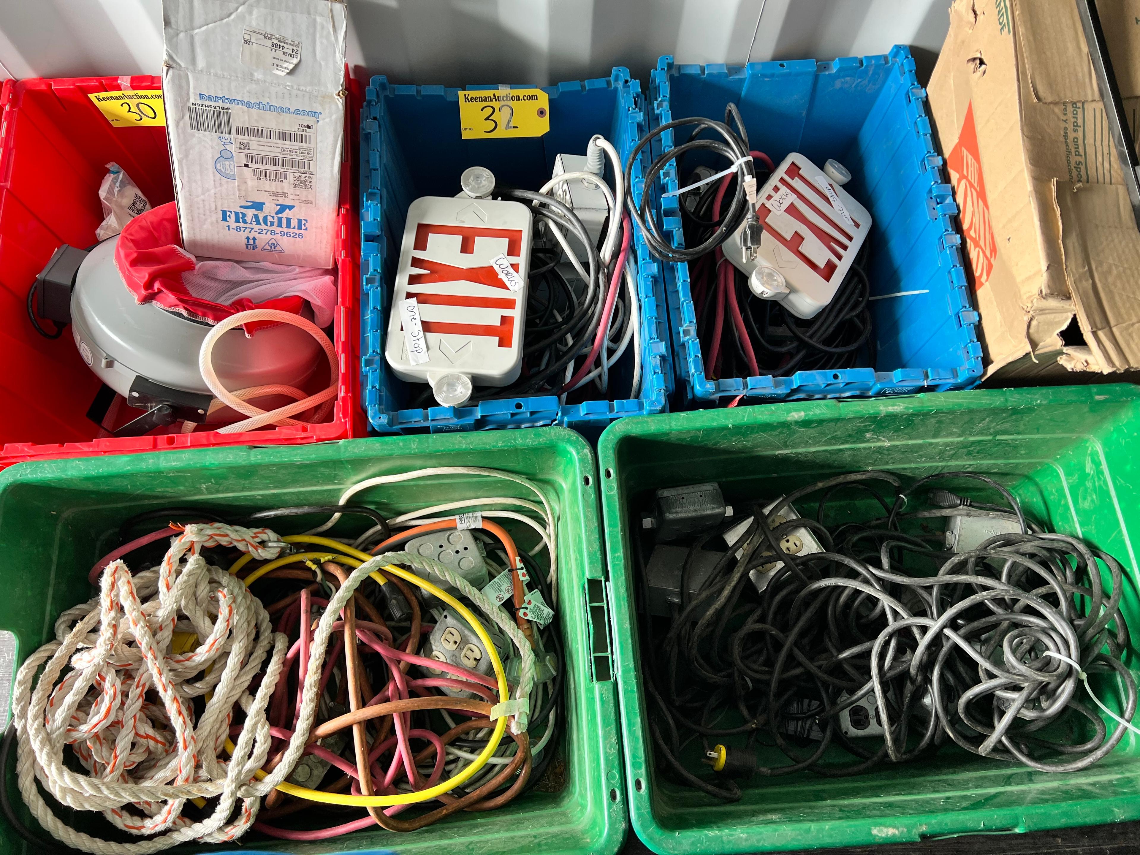 LOT: 4-PLASTIC CONTAINERS OF ELECTRICAL CORD, 4-WAYS, SURGE PROTECTORS, EXIT LIGHTS