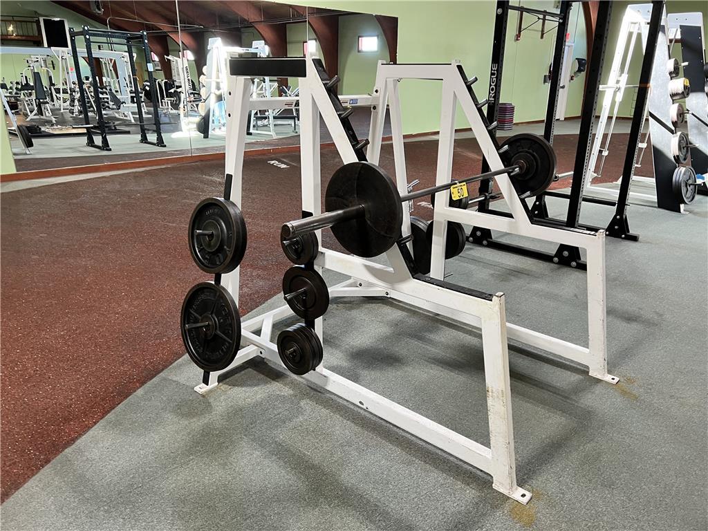 BODY MASTERS SQUAT RACK WITH (23) ASSORTED SIZE BARBELL WEIGHTS