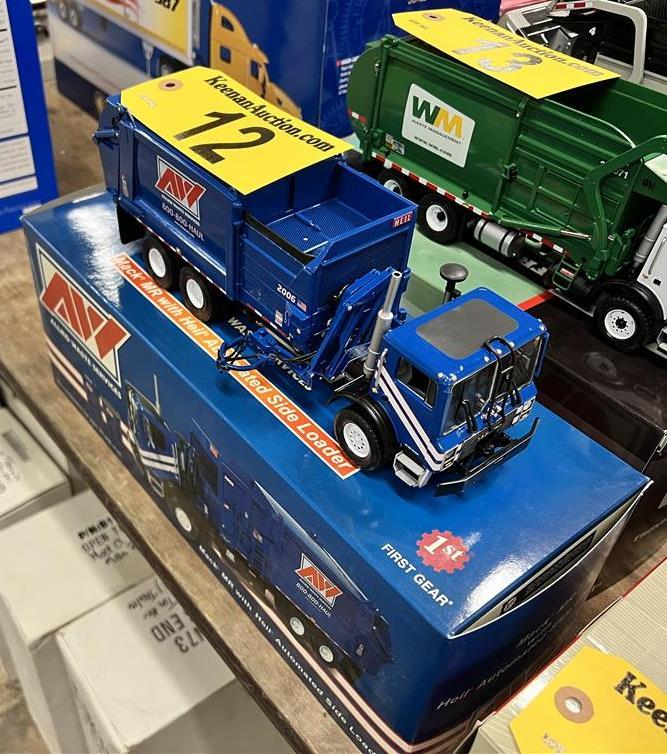 FIRST GEAR MACK ALLIED WASTE SERVICES MR WITH HEIL AUTOMATED SIDE LOADER & 2-TRASH BINS, 1:34 SCALE