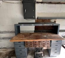 LOT: INDUSTRIAL BUTCHERBLOCK WORK BENCH, WALL MOUNT PARTS CABINET, CAN RAIL