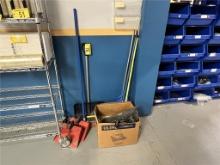 LOT OF ASSORTED BROOMS, DUST PANS, SHOVEL