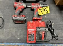 (2) MILWAUKEE CORDLESS DRIVERS: 1/2", 1/4" IMPACT , BOTH 18V W/ (2) BATTERIES & CHARGER