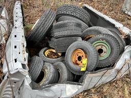 TRUCK BED & CONTENTS: MISC. TRUCK & TRAILER TIRES, SOME WITH RIMS