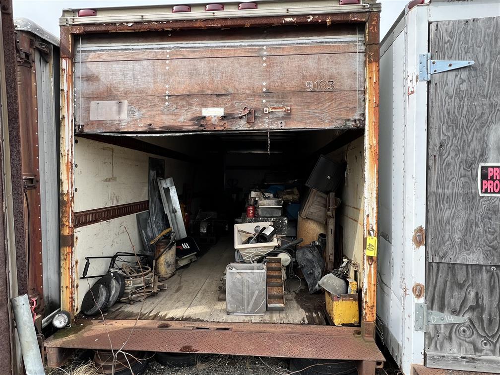 STORAGE TRAILER & CONTENTS: PALLET JACK, GLASS DISPLAY CASE (1-SIDE BROKEN)