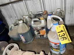 LOT OF ASSORTED AUTOMOTIVE FLUIDS, COOLANT, WINDSHIELD WASHER FLUID, BLEACH