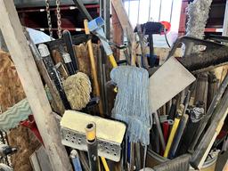 LONG HANDLED TOOL LOT: MOPS, BROOMS, RAKES, SHOVELS, DRY MOPS, TRASH CANS, SQUEEGEES & MISC.