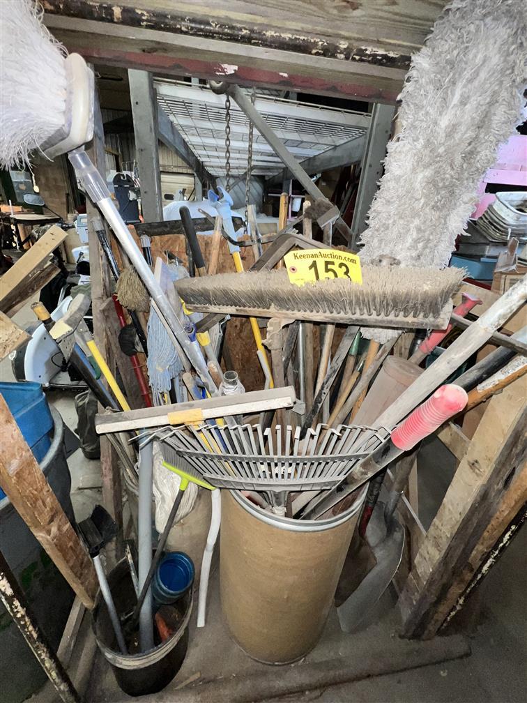 LONG HANDLED TOOL LOT: MOPS, BROOMS, RAKES, SHOVELS, DRY MOPS, TRASH CANS, SQUEEGEES & MISC.
