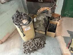 LOT: (20+/-) BARRELS / BAGS OF ASSORTED CROSS CHAIN, TIRE CHAINS, 13' X 2' TIRE CHAINS