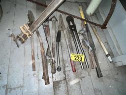 LOT OF 8-ASSORTED HAND TOOLS: BAR CLAMP, CUTTERS, SAW, TOOL HANDLES