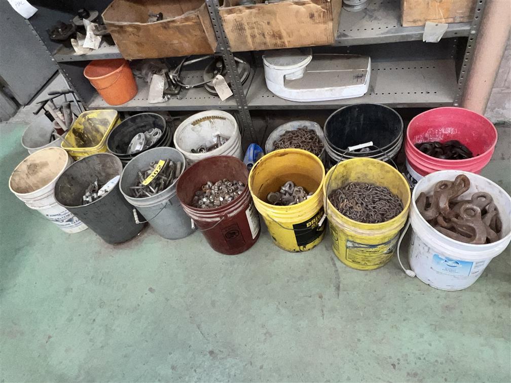 CONTENTS OF 15-BUCKETS: CHAIN, HOOKS, AIR PUMPS, LUG BOLTS, MISC. HARDWARE