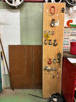 PEGBOARD DISPLAY RACK, CONTENTS, & (4) SHEETS OF PEGBOARD: (3) 4’X8’, (1) 4’X10’