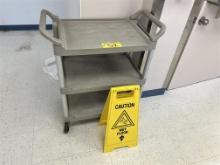 RUBBERMAID BUS CART 3-SHELF, WET FLOOR SIGN