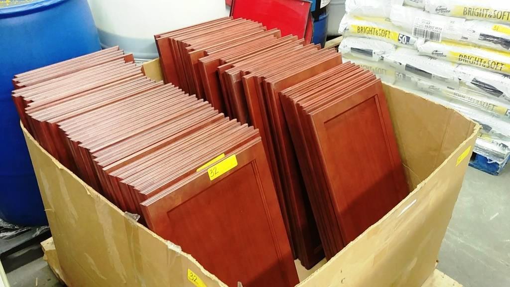 LOT OF 75 CHERRY WOOD COLOR CABINET DOORS