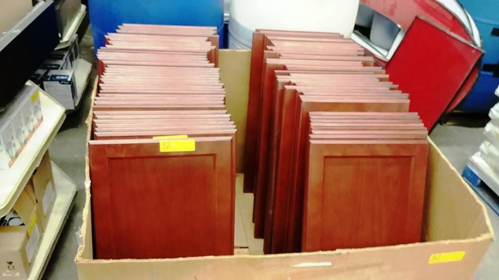 LOT OF 75 CHERRY WOOD COLOR CABINET DOORS