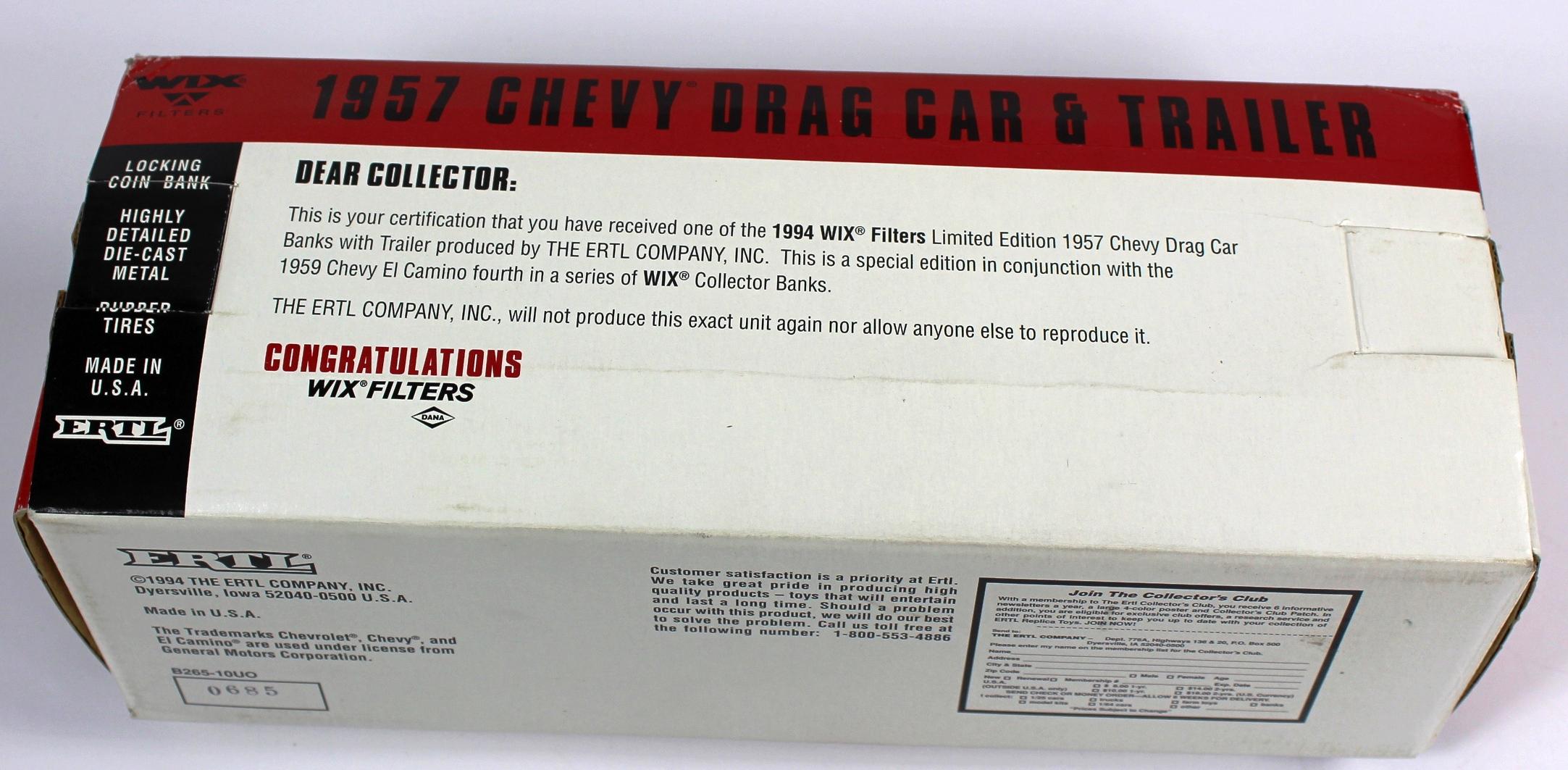 NEW, IN THE BOX: ERTL 1957 CHEVY DRAG CAR & TRAILER BANK