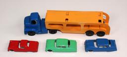 VINTAGE TOOTSIETOY CAR HAULER & 3 CARS