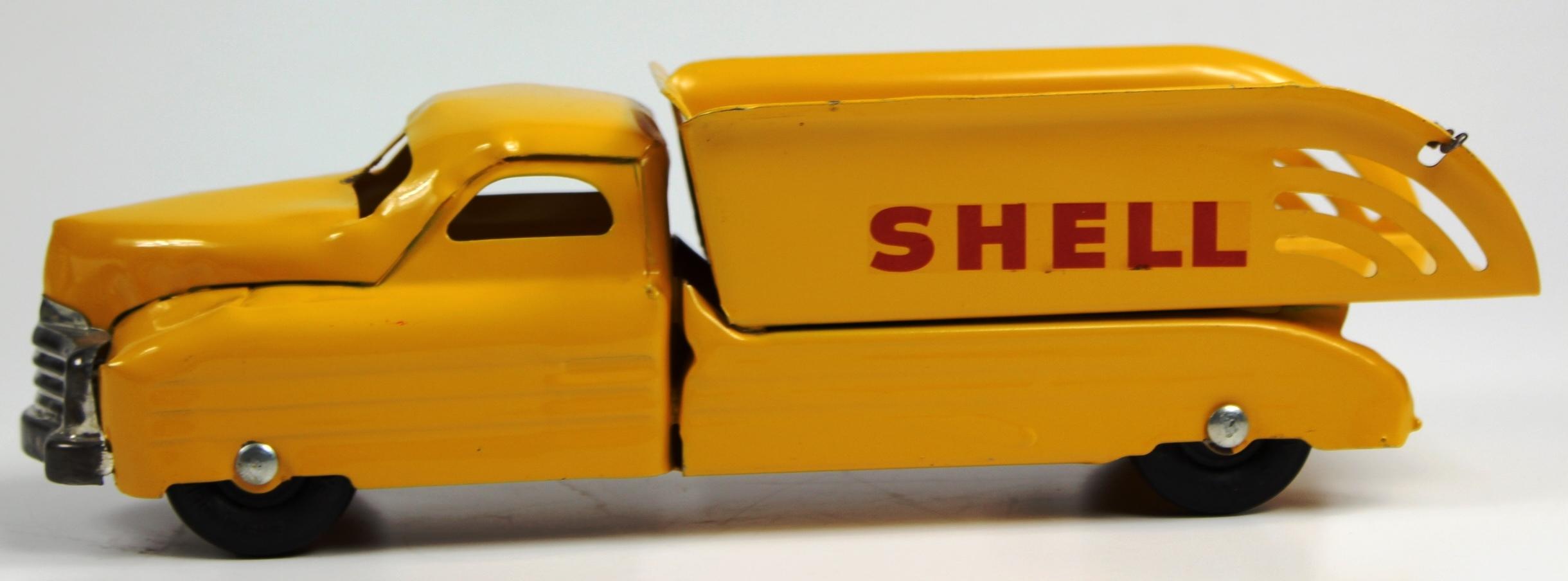 VINTAGE BUDDY L SHELL TRUCK 13" YELLOW 1940s PRESSED STEEL