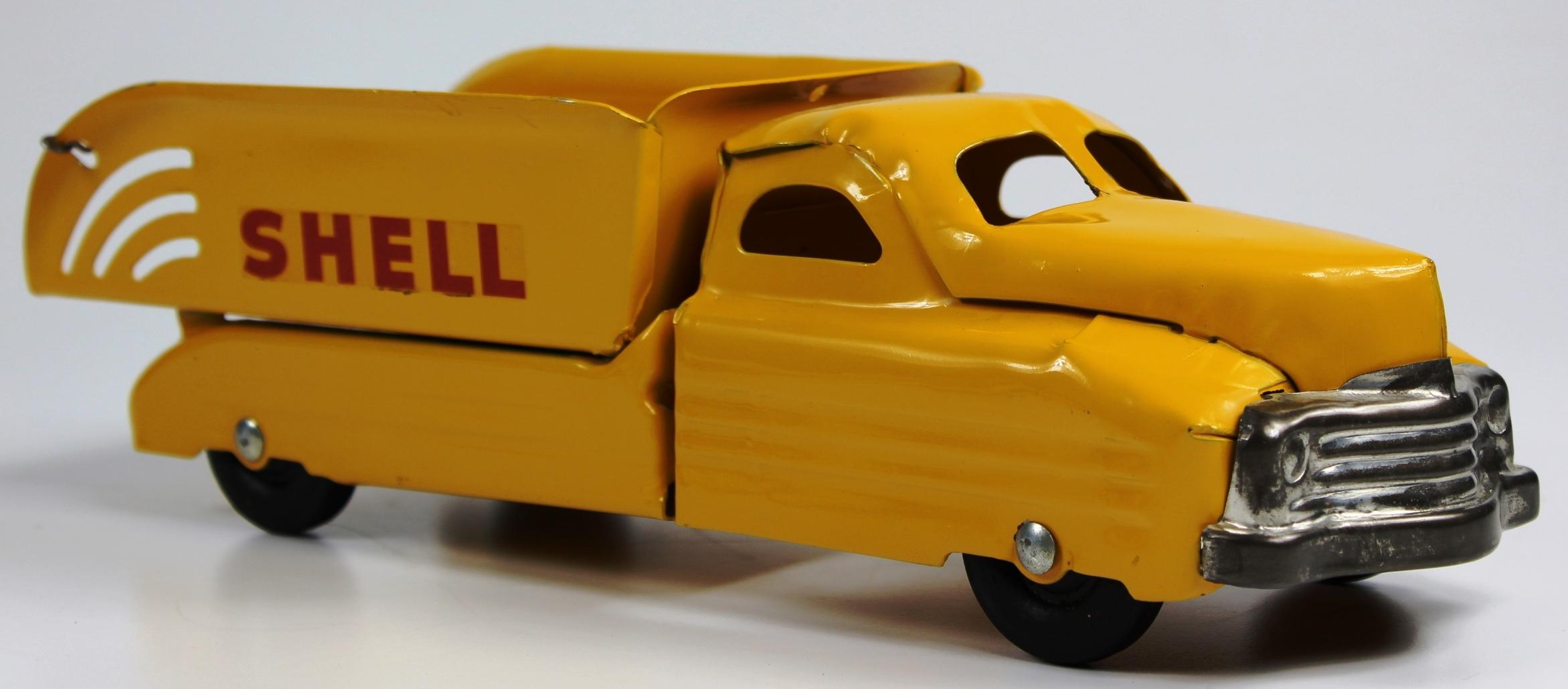 VINTAGE BUDDY L SHELL TRUCK 13" YELLOW 1940s PRESSED STEEL