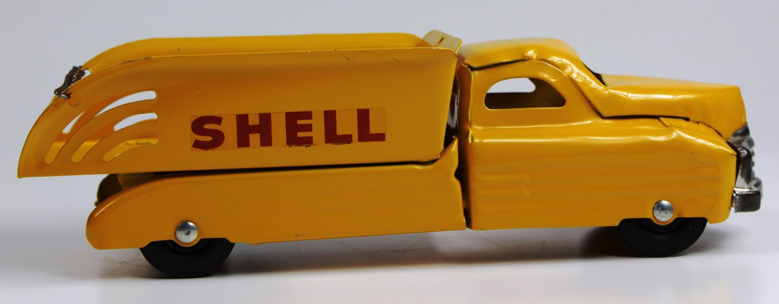 VINTAGE BUDDY L SHELL TRUCK 13" YELLOW 1940s PRESSED STEEL