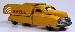 VINTAGE BUDDY L SHELL TRUCK 13" YELLOW 1940s PRESSED STEEL