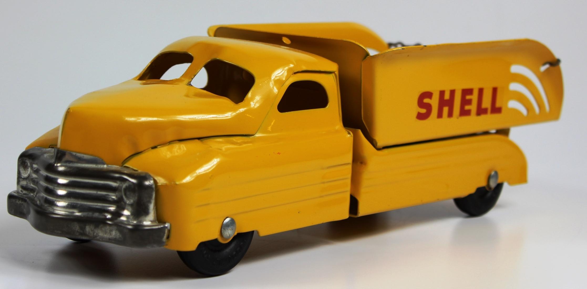 VINTAGE BUDDY L SHELL TRUCK 13" YELLOW 1940s PRESSED STEEL