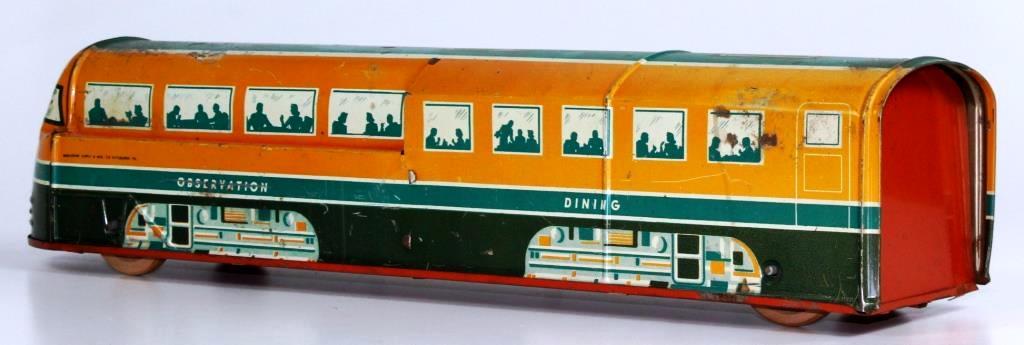 VINTAGE WOLVERINE TIN LITHO TRAIN OBSERVATION & DINING CAR