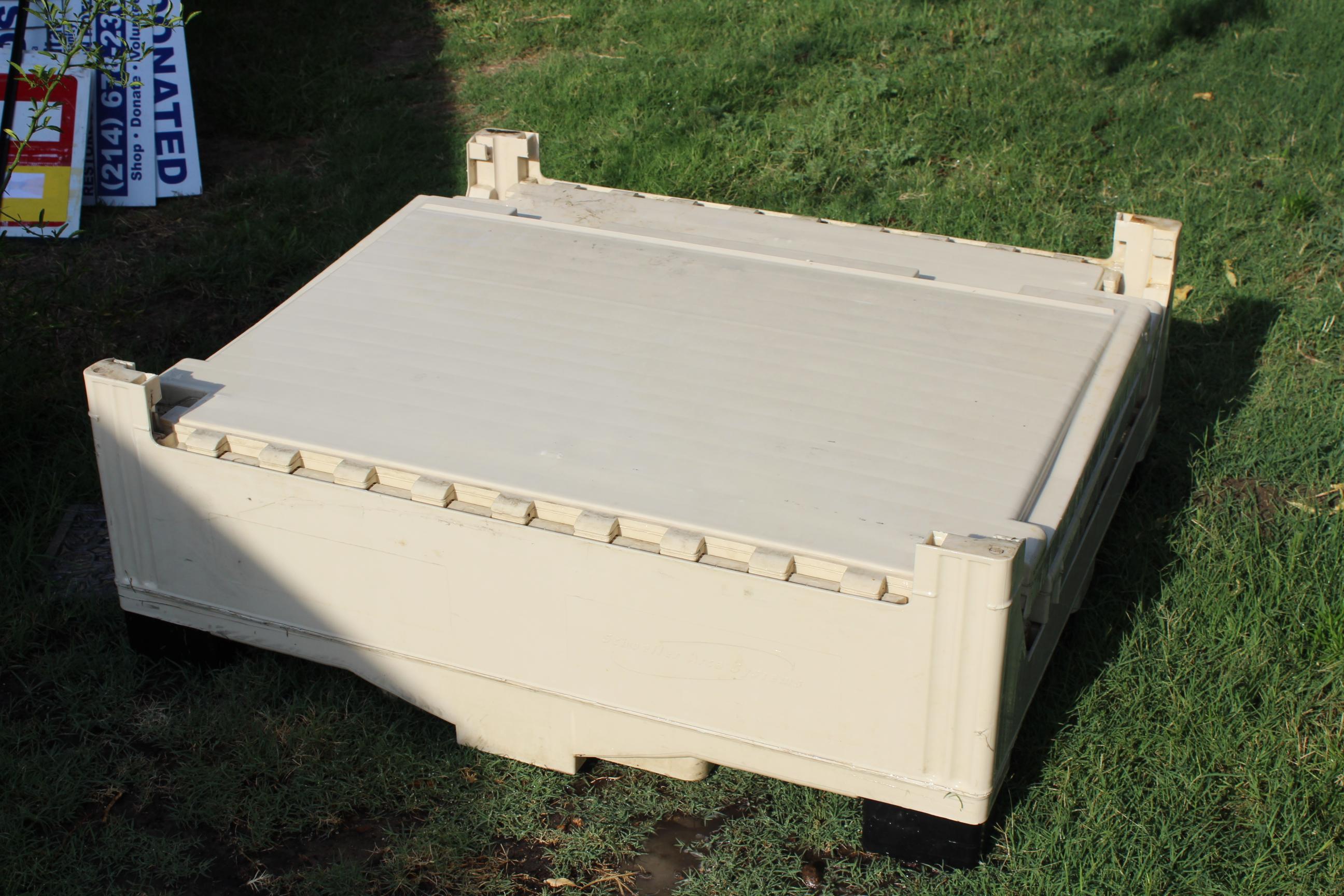 LARGE PLASTIC GAYLORD WITH 2 HINGED SIDES AND LID - APPROX. 48" X 48" X 48"