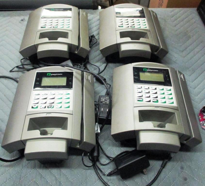 LOT OF 4 PAYCOM TIME CLOCK UNITS WITH FINGERPRINT SCANNER AND BILL CHANGER