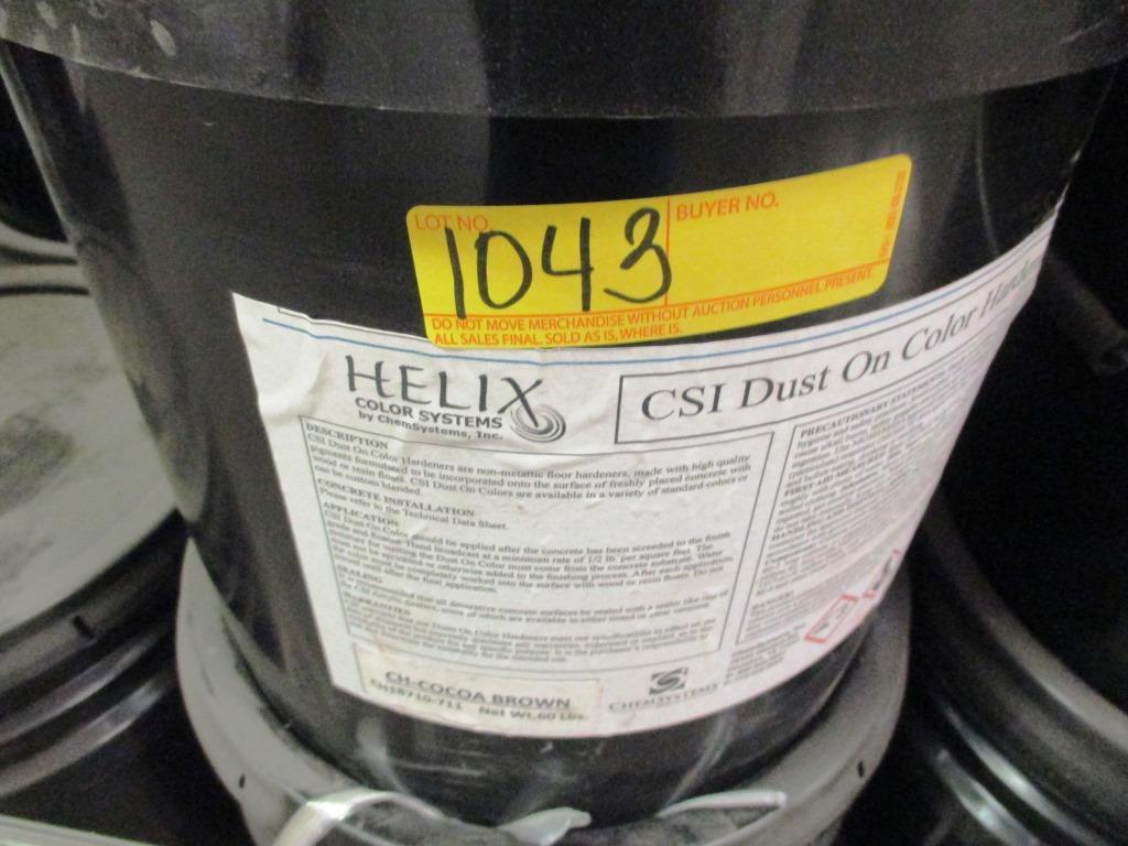 PALLET OF 11 NEW PLASTIC BUCKETS OF HELIX COLOR SYTEMS, INC. DUST ON COLOR HARDENER FOR CONCRETE - C