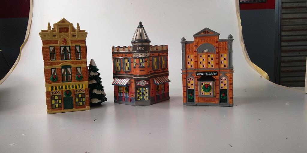 LOT OF 3 DEPT. 56 SNOW VILLAGE: TOY SHOP, APOTHECARY & CORNER STORE