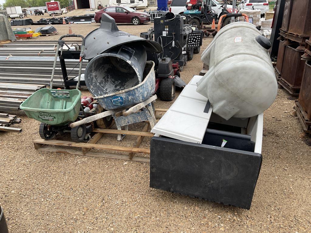 Pallet of Tools, Tanks, Wheelbarrow and Cabinet