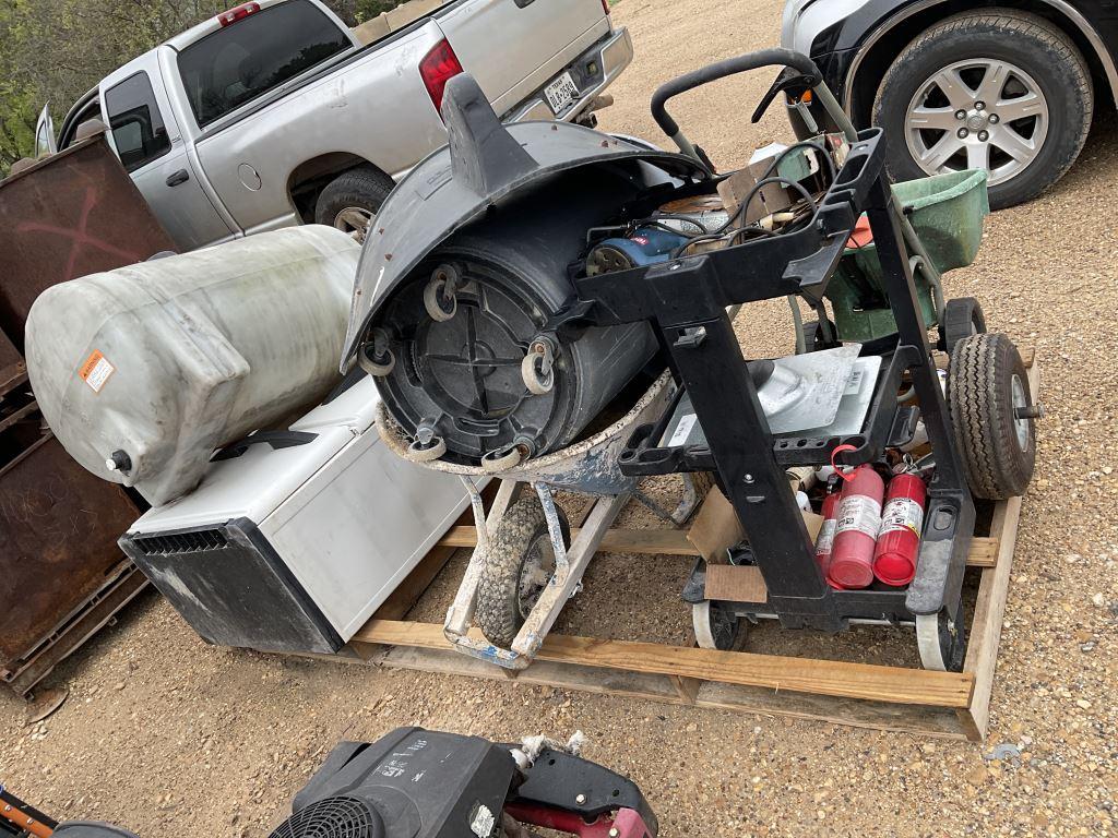 Pallet of Tools, Tanks, Wheelbarrow and Cabinet