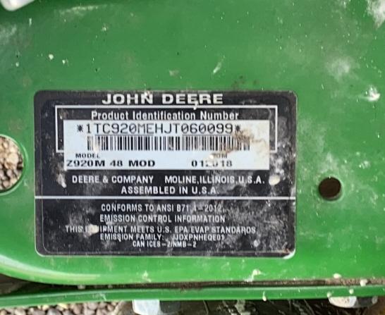 John Deere Z920M 48 In. ZT Mower w/Bagger