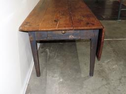Antique Country Farm Table with Dropleaf and Drawer
