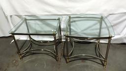 Pair Of Brass & Silver Metal Glass Top Tables