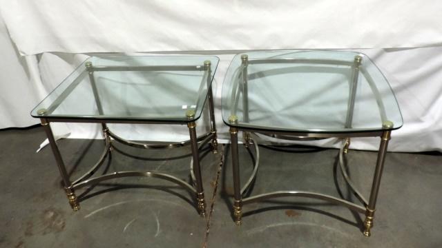 Pair Of Brass & Silver Metal Glass Top Tables