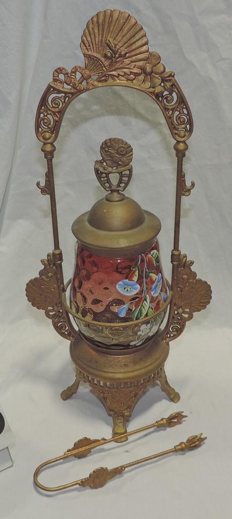 Ornate Victorian Pickle Caster With Hp Cranberry Glass