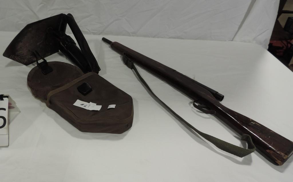Vintage Wood Toy Riffle & Folding Shovel In Bag