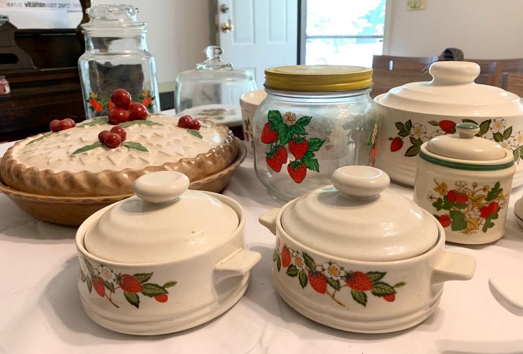 Lot of Strawberry China and Kitchen Lot